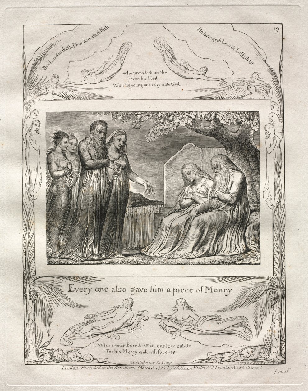 Jób könyve: Pl. 19, Mindenki adott neki egy darab pénzt, 1825. alkotó: William Blake