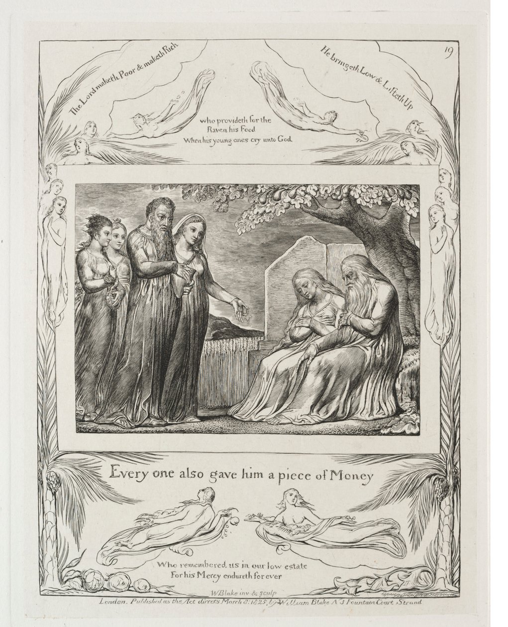 Jób könyve: Pl. 19, Mindenki adott neki egy darab pénzt is, 1825. alkotó: William Blake