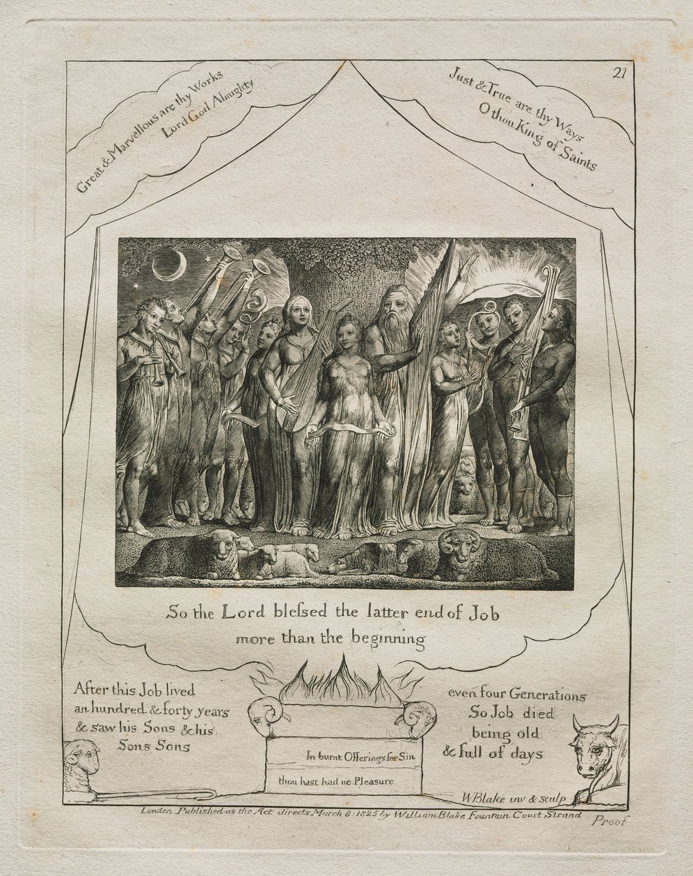 Jób könyve: Pl. 21, Tehát az Úr jobban megáldotta Jób utolsó végét, mint az 1825-öst. alkotó: William Blake