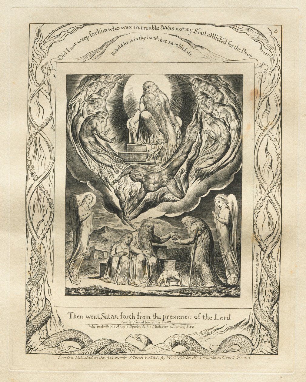 Jób könyve: Pl. 5, Aztán kiment a Sátán az Úr színe elől, 1825. alkotó: William Blake