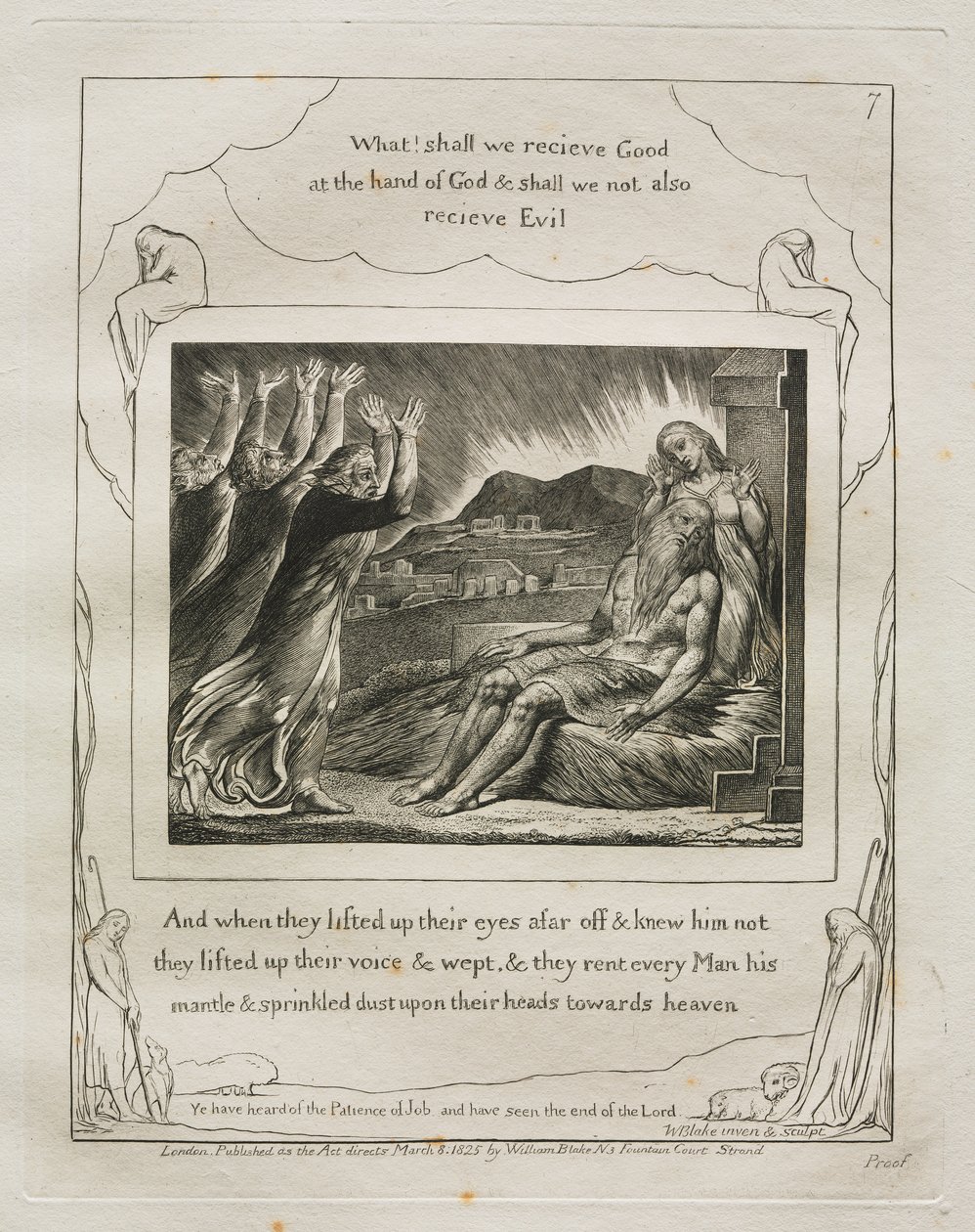 Jób könyve: Pl. 7, És amikor távolról felemelték szemüket és nem ismerték őt / felemelték hangjukat és sírtak alkotó: William Blake