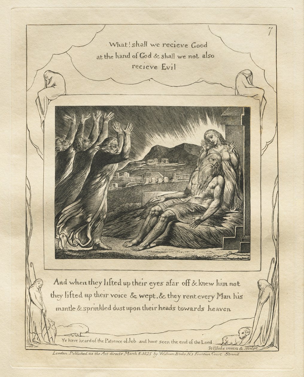 Jób könyve: Pl. 7, És amikor távolról felemelték szemüket és nem ismerték őt / felemelték hangjukat és sírtak alkotó: William Blake