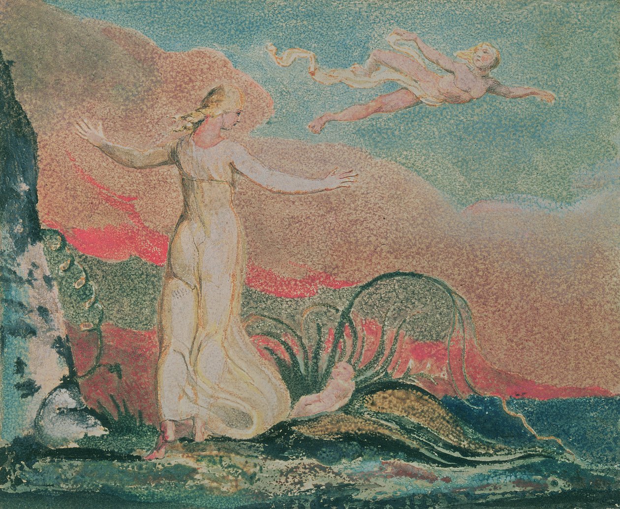 Thel könyve; 4. tábla Thel in the Vale of Har, 1794 (színes domborműves rézkarc) alkotó: William Blake