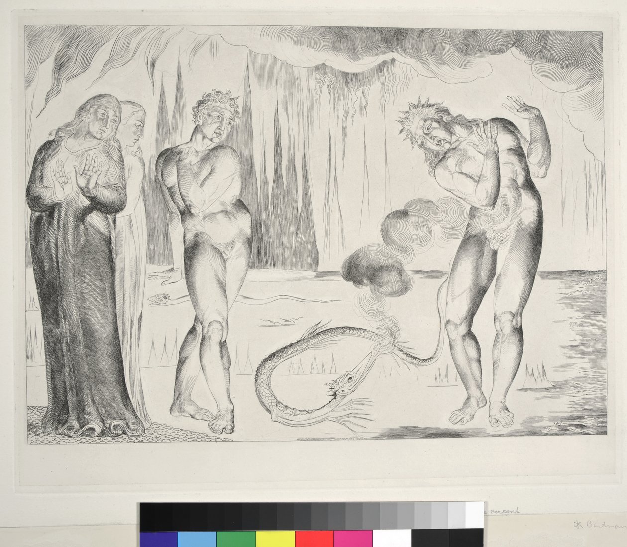 A tolvajok köre: A kígyó megtámadta Buoso Donatit, Inferno, XXV. ének, illusztráció Dante Alighieri "Isteni komédiájához", 1827. alkotó: William Blake
