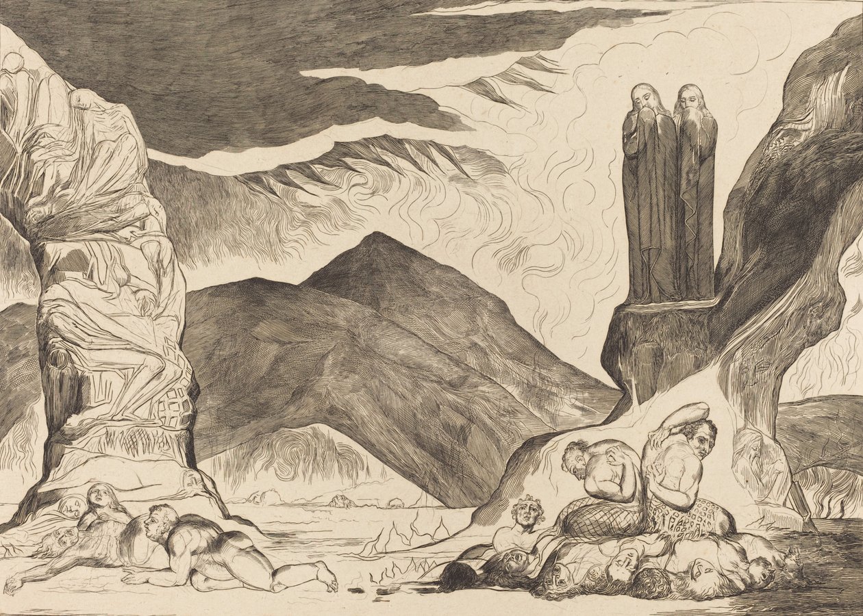 A hamisítók köre: Dante és Virgil orrát eltakarva a bűz miatt, 1827. alkotó: William Blake