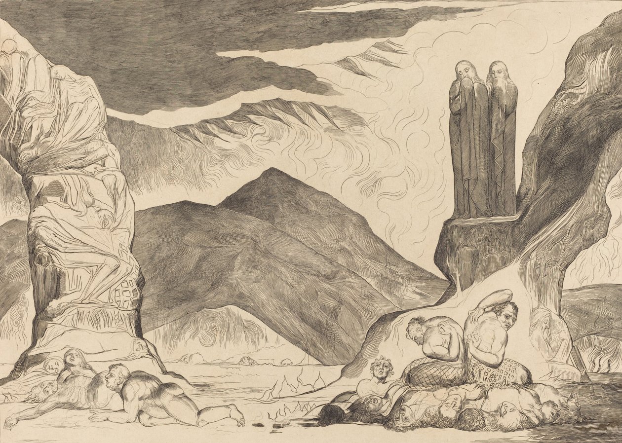 A hamisítók köre: Dante és Virgil orrát eltakarva a bűz miatt, 1827. alkotó: William Blake