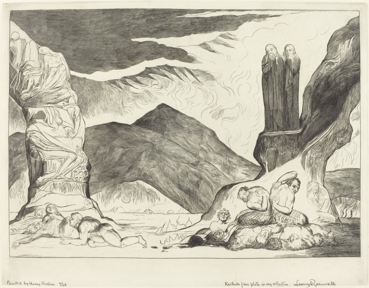 A hamisítók köre, Dante és Vergilius eltakarja az orrát a bűz miatt, 1827. alkotó: William Blake