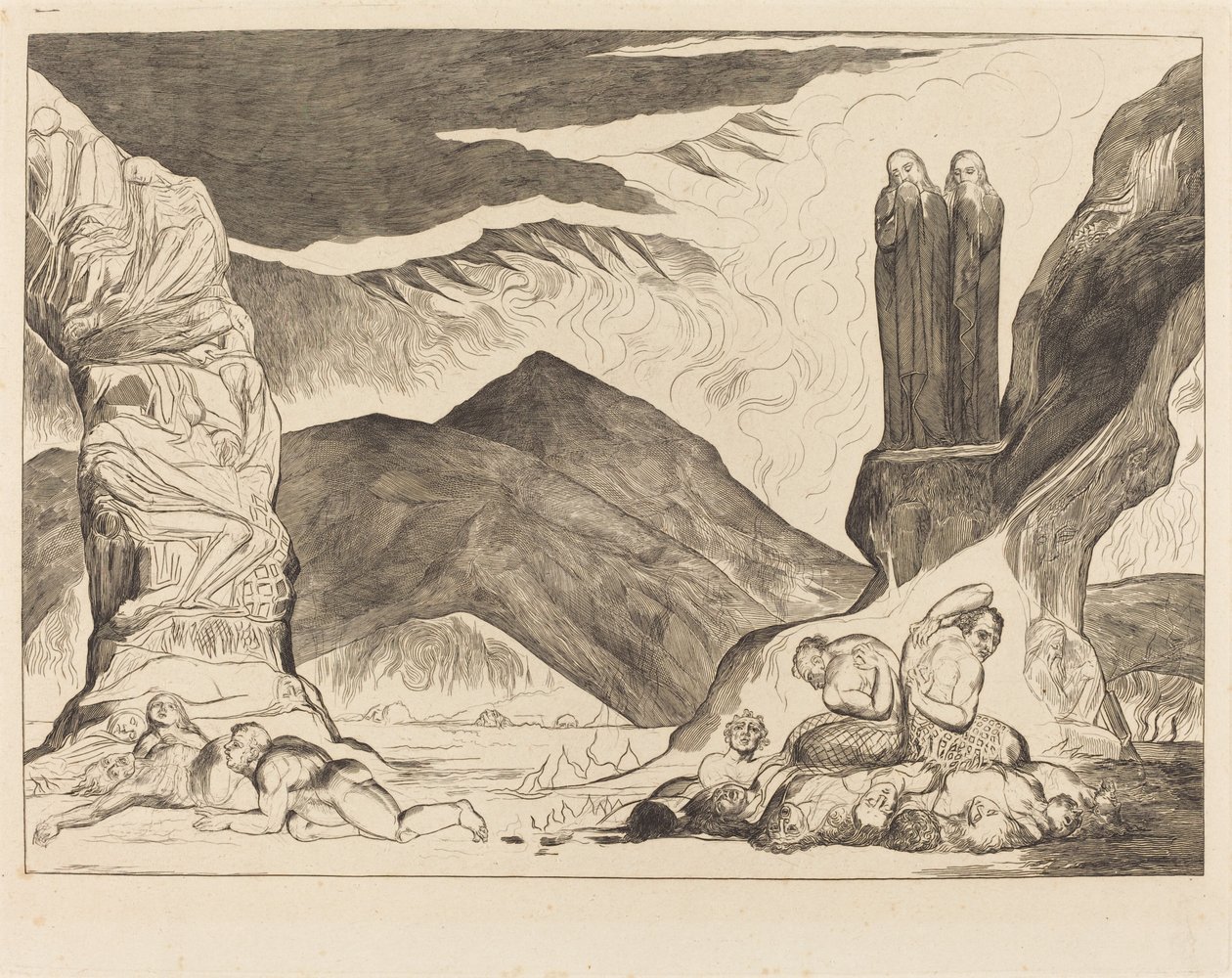 A hamisítók köre: Dante és Vergilius eltakarja az orrát a szt. alkotó: William Blake