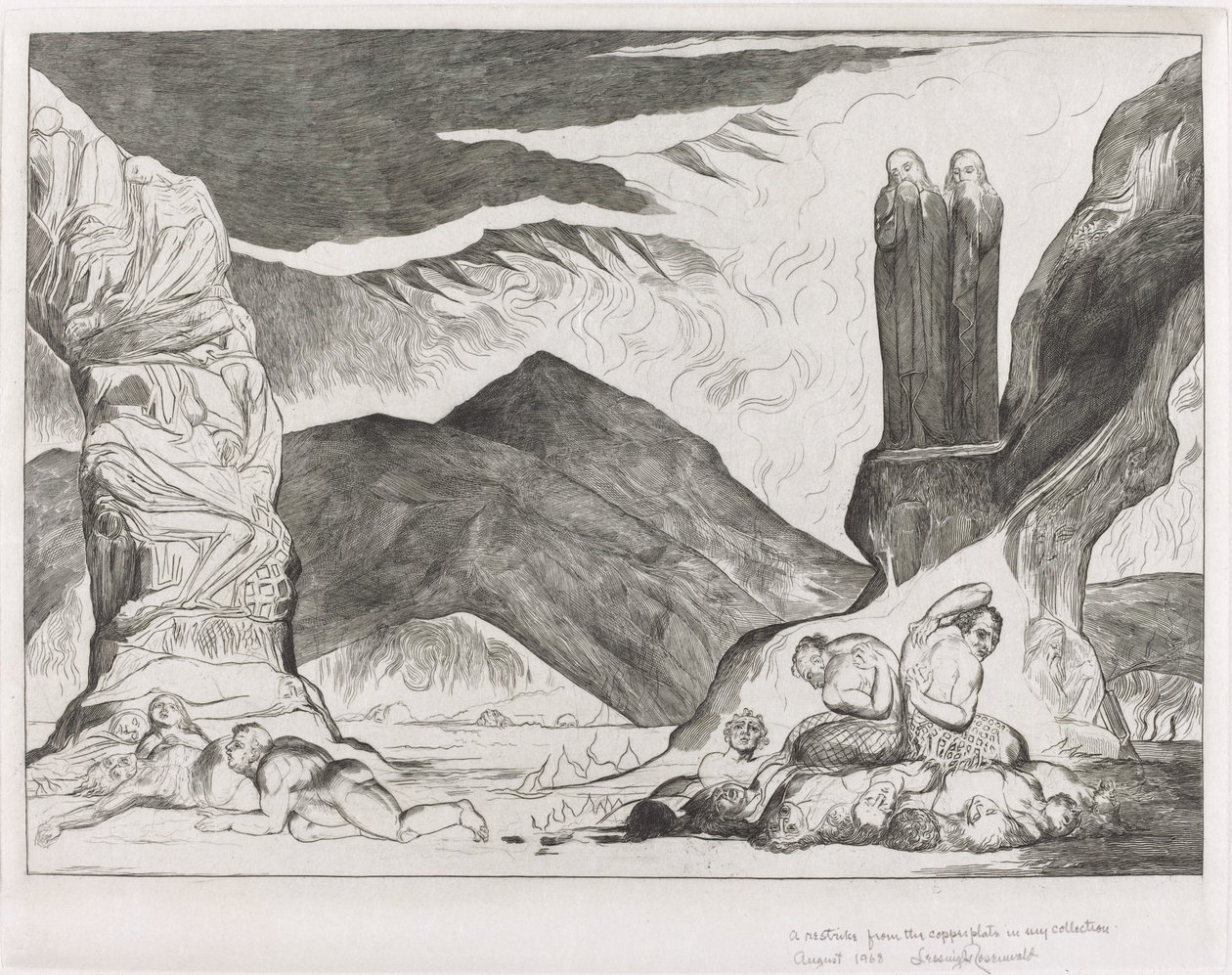 A hamisítók köre: Dante és Virgil eltakarja az orrát a bűz miatt alkotó: William Blake
