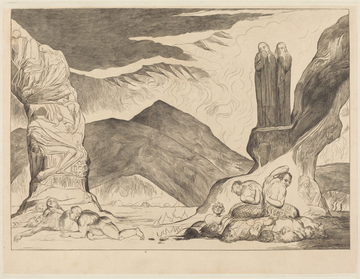 A hamisítók köre: Dante és Vergilius az orrukat takarják a bűz miatt alkotó: William Blake