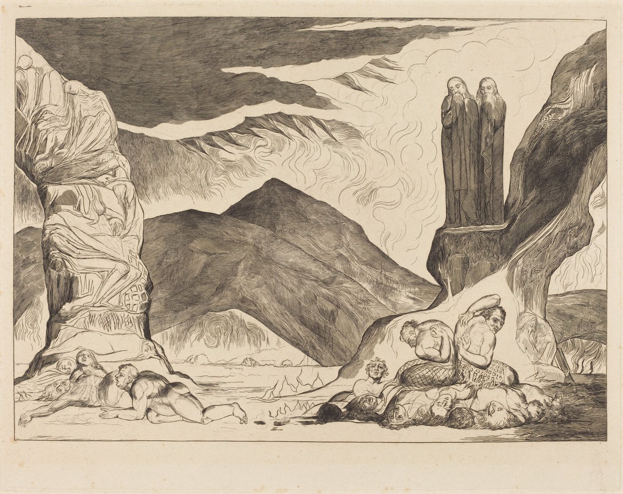 A hamisítók köre: Dante és Vergilius a bűz miatt befogják az orrukat alkotó: William Blake