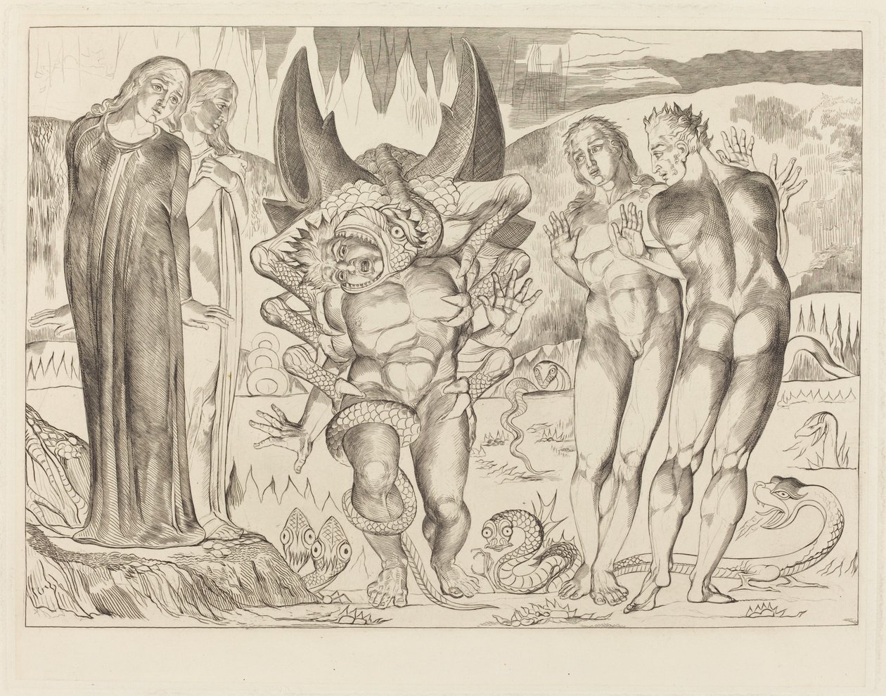 A tolvajok köre; Agnolo Brunelleschit megtámadta egy hatlábú kígyó alkotó: William Blake
