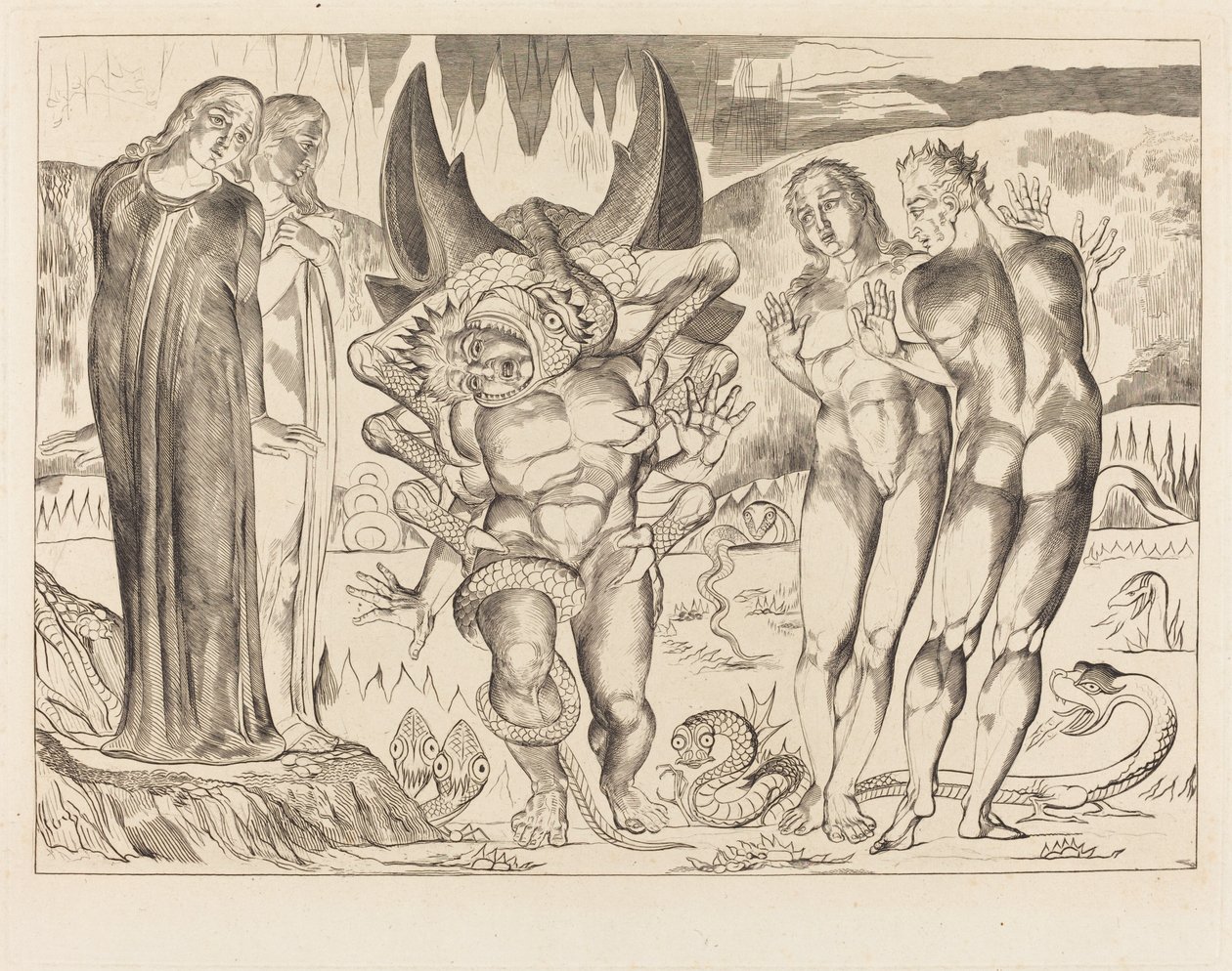 A tolvajok köre; Agnolo Brunelleschit megtámadta egy hatlábú kígyó alkotó: William Blake
