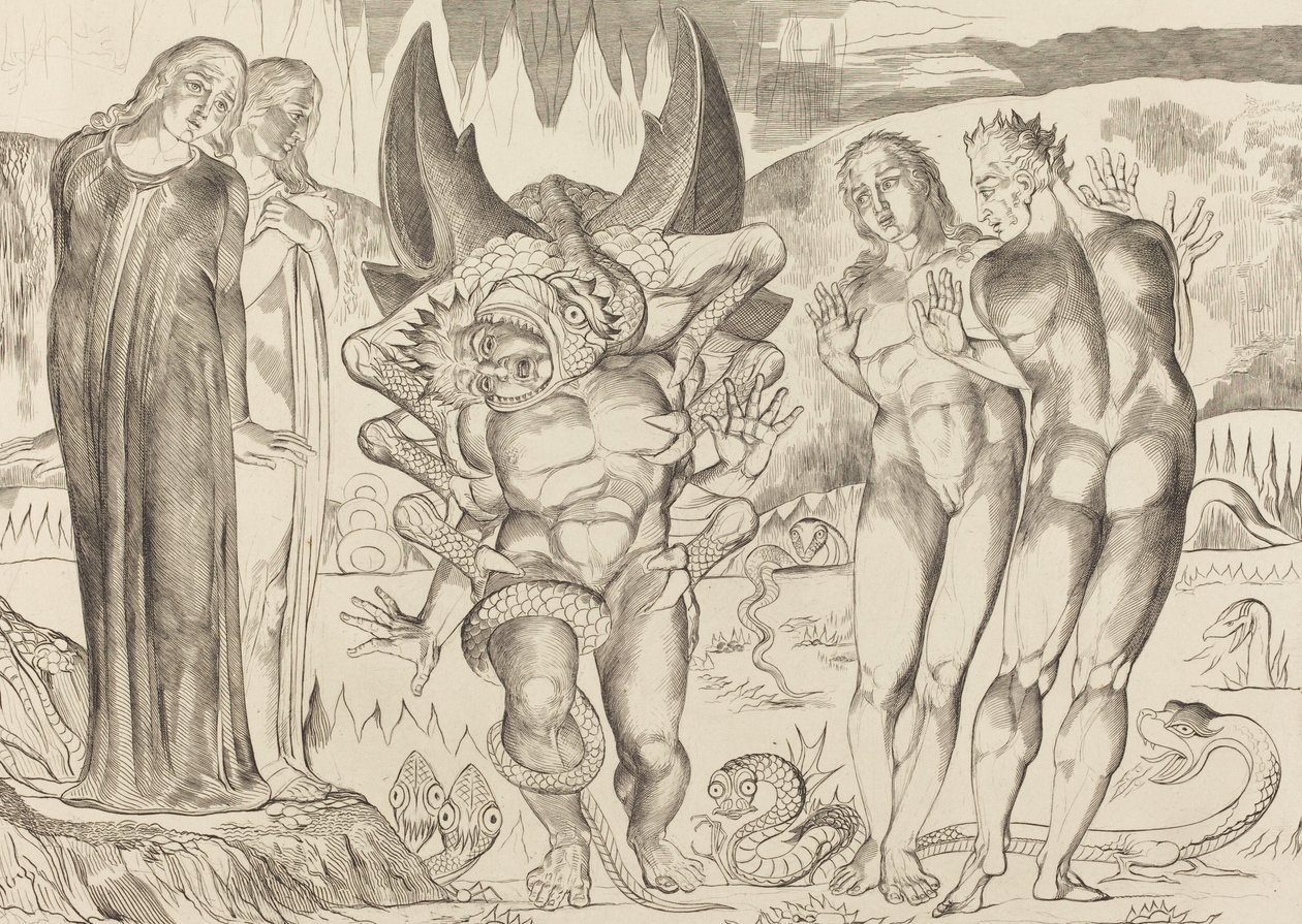 A tolvajok köre, Agnolo Brunelleschi, akit egy hatlábú kígyó támadott meg, 1827. alkotó: William Blake