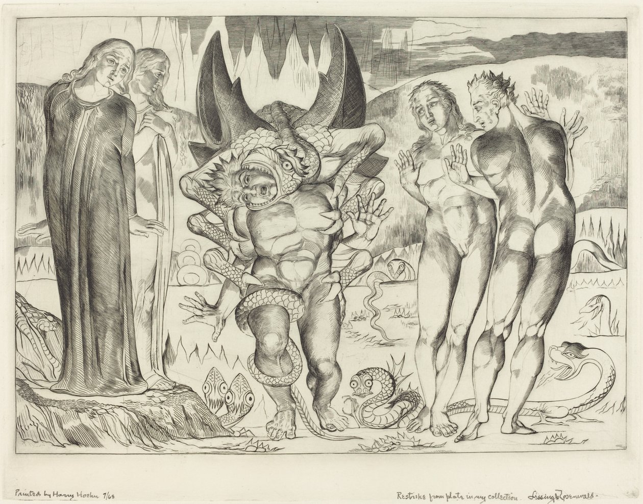 A tolvajok köre, Agnolo Brunelleschi, akit egy hatlábú kígyó támadott meg, 1827. alkotó: William Blake