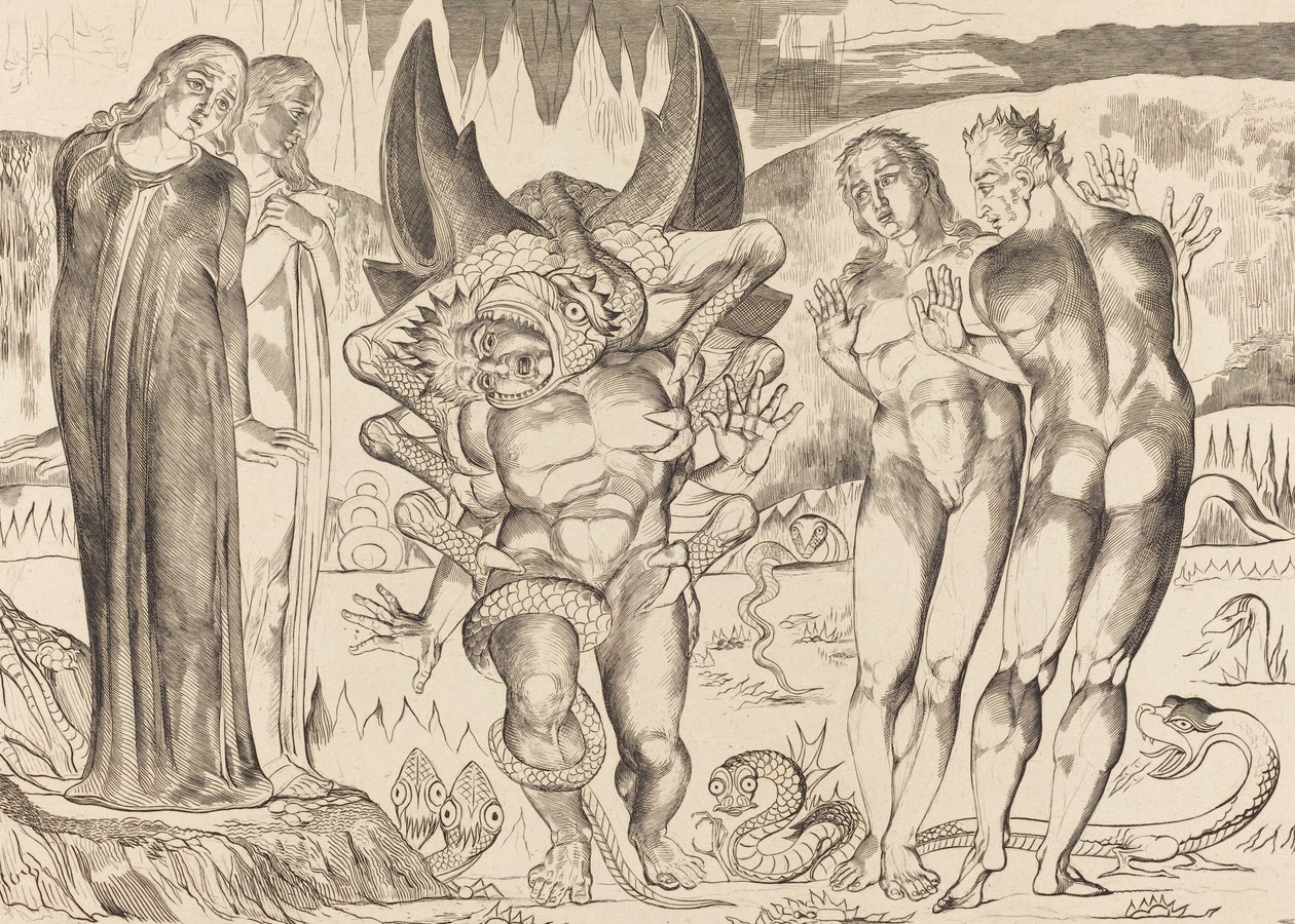 A tolvajok köre, Agnolo Brunelleschi, akit egy hatlábú kígyó támadott meg, 1827. alkotó: William Blake