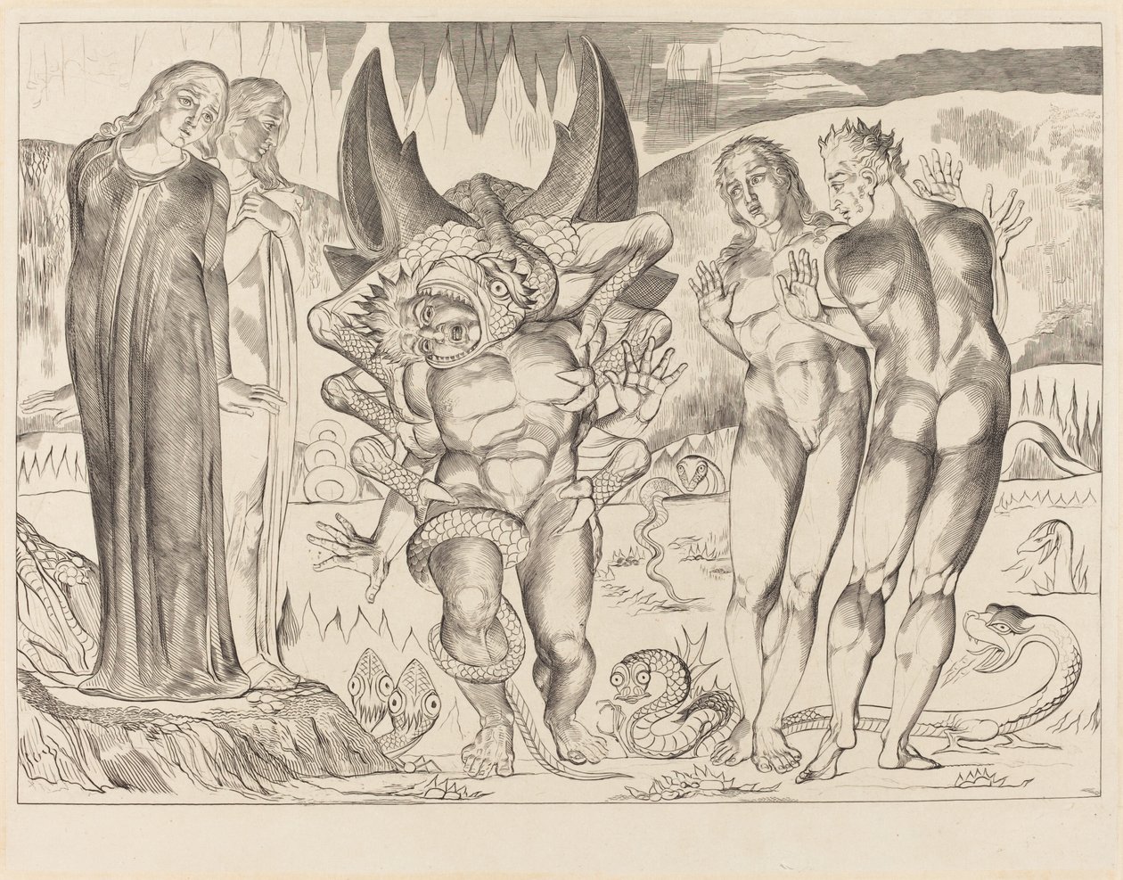 A tolvajok köre, Agnolo Brunelleschi, akit egy hatlábú kígyó támadott meg, 1827. alkotó: William Blake