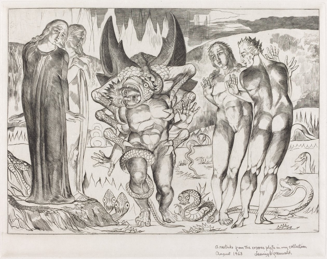 A tolvajok köre, Agnolo Brunelleschi, akit egy hatlábú kígyó támadott meg, 1827. alkotó: William Blake