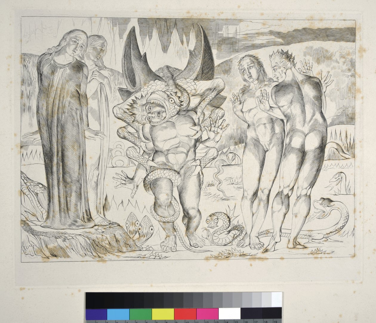 A tolvajok köre: Agnolo Brunelleschit megtámadta egy hatlábú kígyó pokol, XXV. ének, illusztráció Dante Alighieri „Isteni színjátékához” alkotó: William Blake