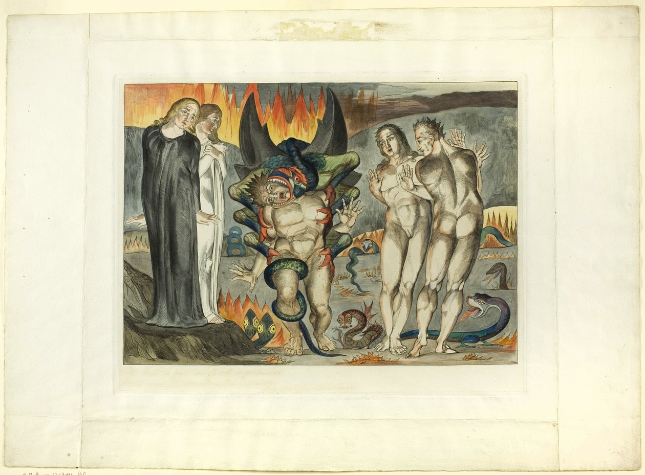 A tolvajok köre; Agnolo Brunelleschit megtámadta egy hatlábú kígyó. Inferno, XXV. ének alkotó: William Blake