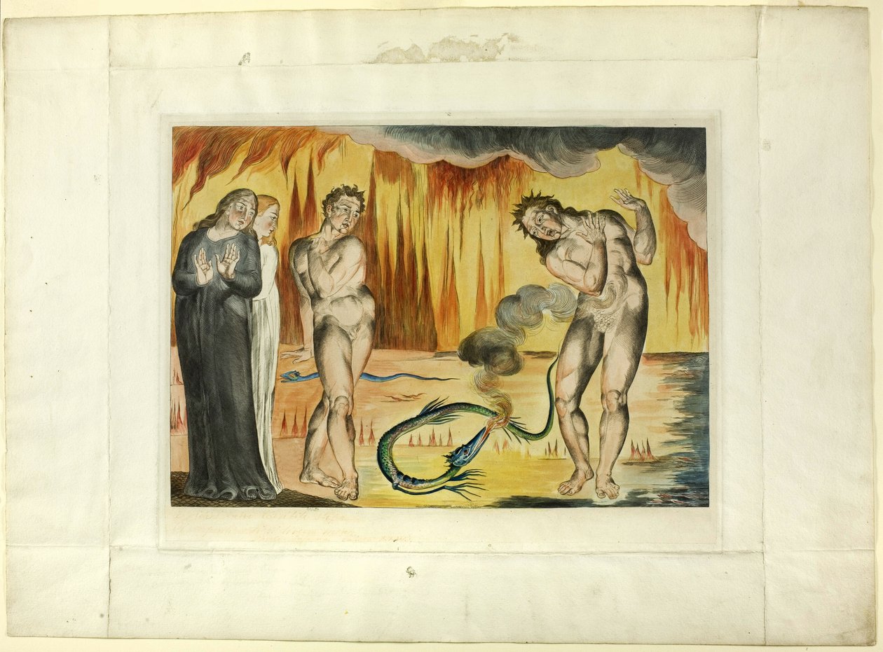 A tolvajok köre; Buoso Donati megtámadta a kígyó. Inferno, XXV. ének alkotó: William Blake
