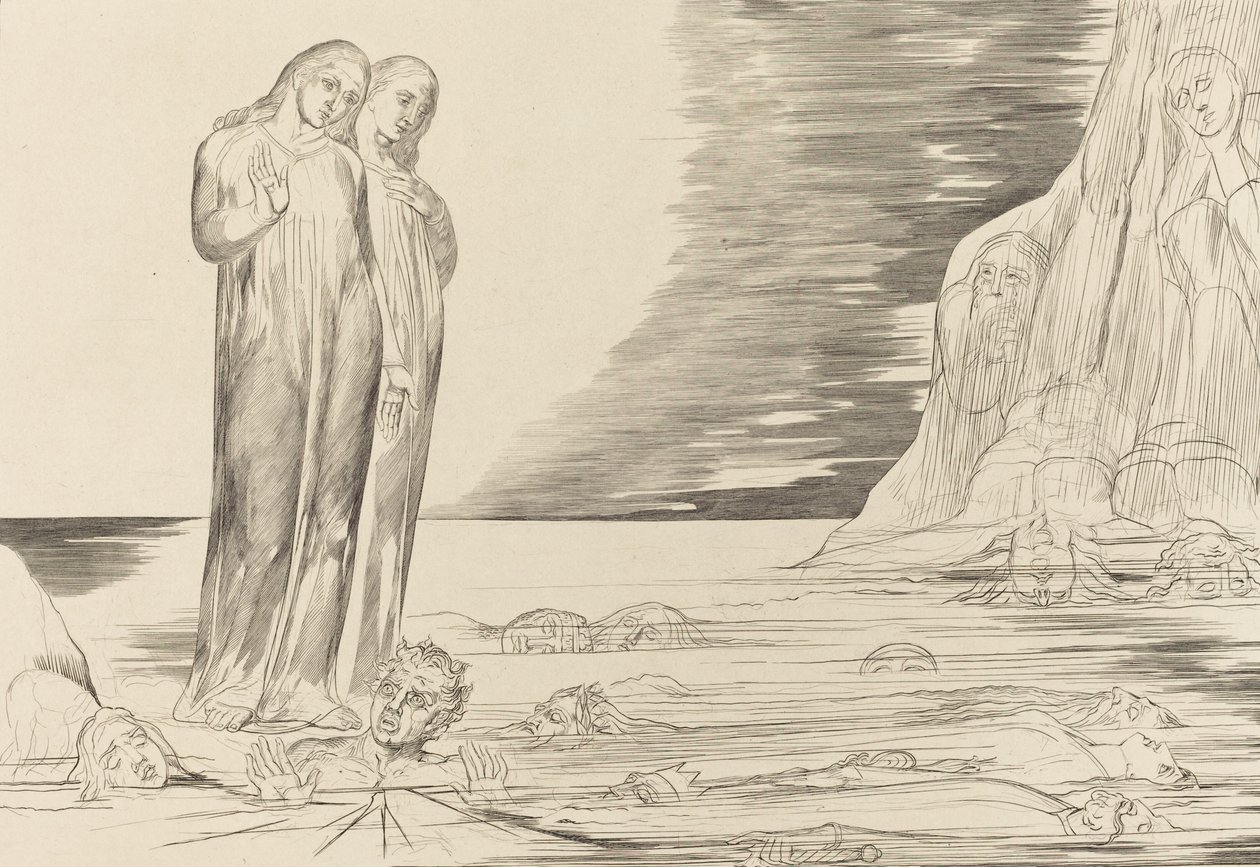 Az árulók köre, Dante lábával a Bocca degli Abbate, 1827. alkotó: William Blake