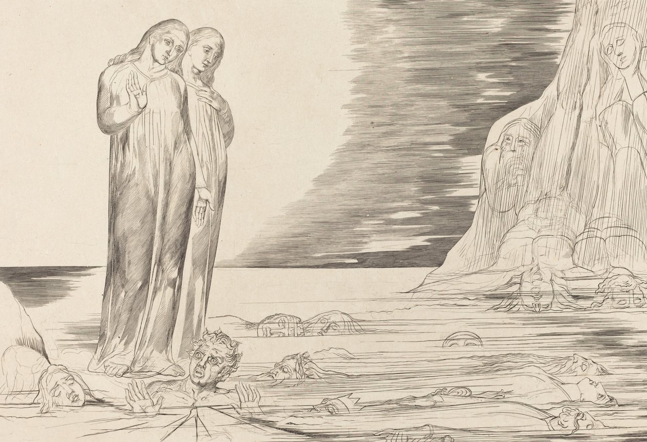 Az árulók köre, Dante lábával a Bocca degli Abbate, 1827. alkotó: William Blake