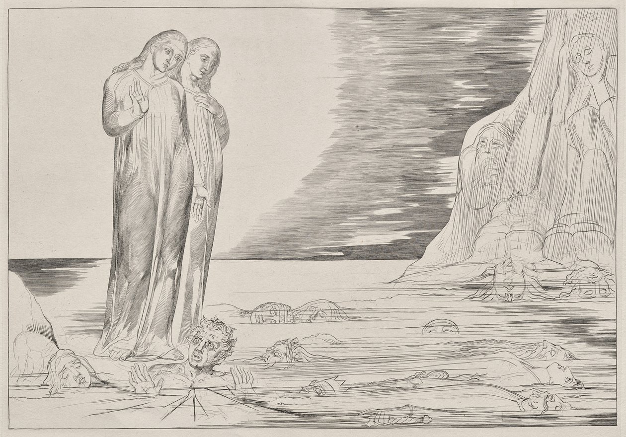 Az árulók köre: Dante lába megüti a Bocca degli Abbate-t, Dante Infernójából, XXXII. ének illusztrációja Dante Isteni színjátékáig alkotó: William Blake