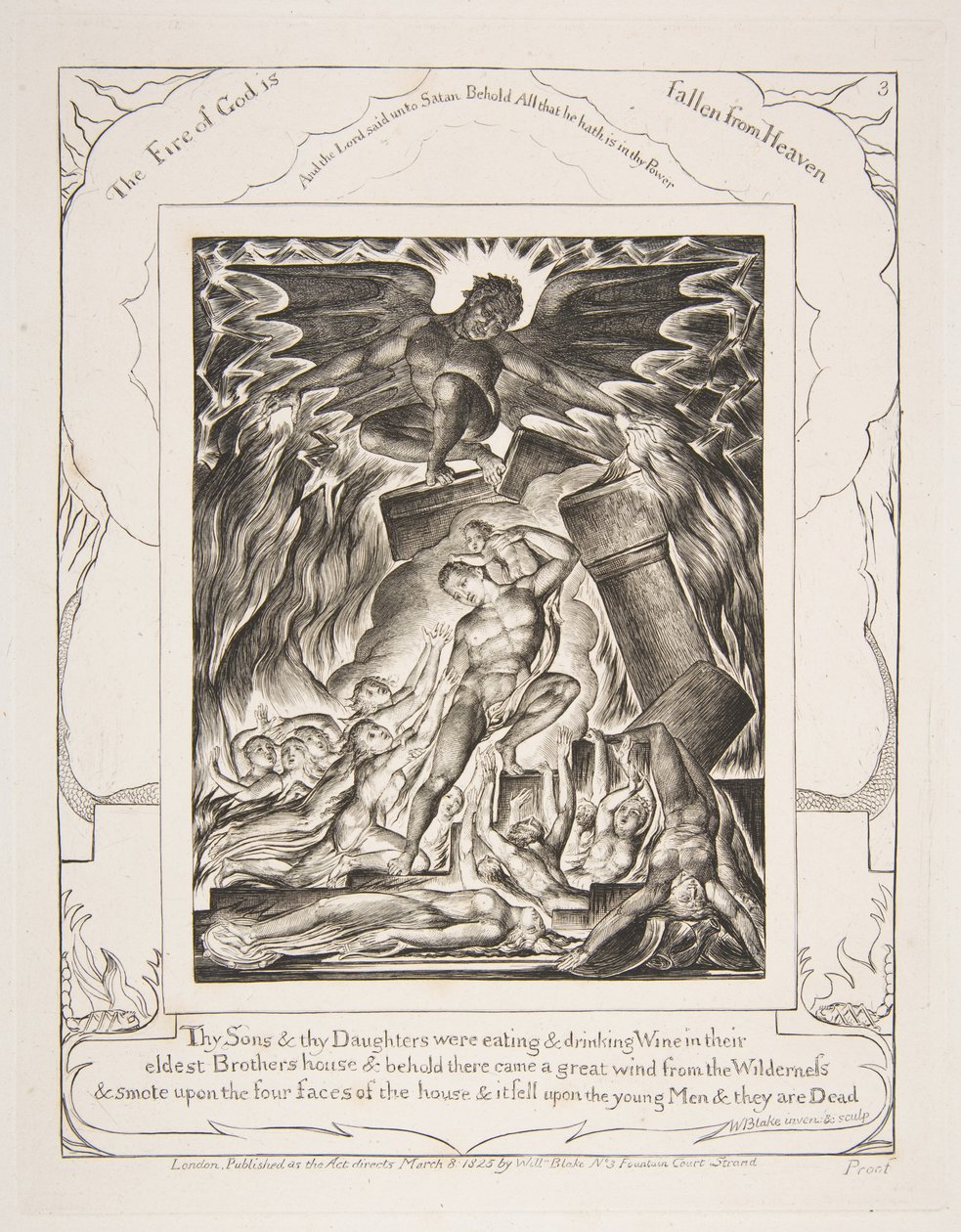 The Destruction of Jobs Sons, Illusztrációk a Jób könyvéből, 1825-26. alkotó: William Blake