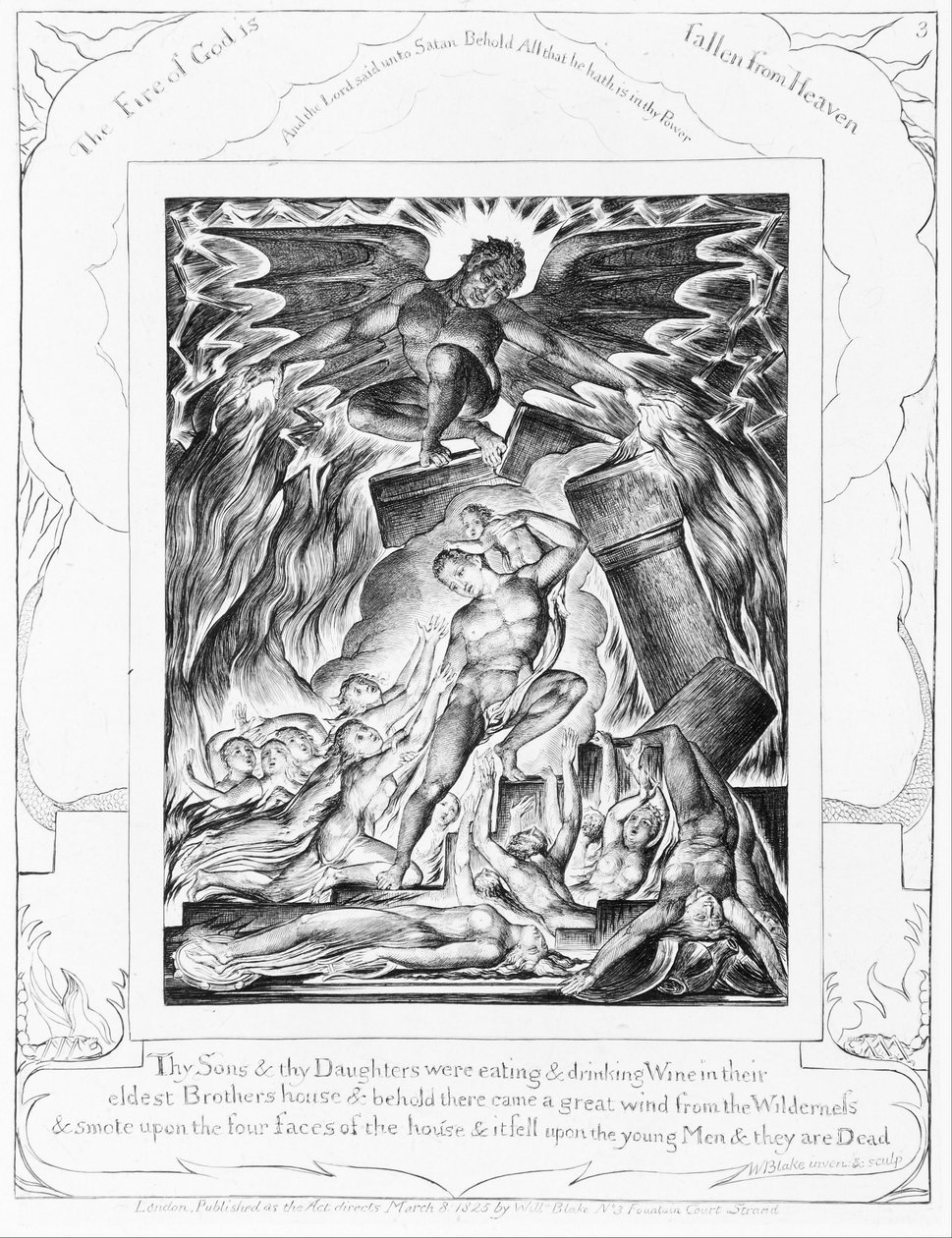 Jób fiainak pusztulása, 3. tábla a „Jób könyvének illusztrációi” című sorozatból alkotó: William Blake