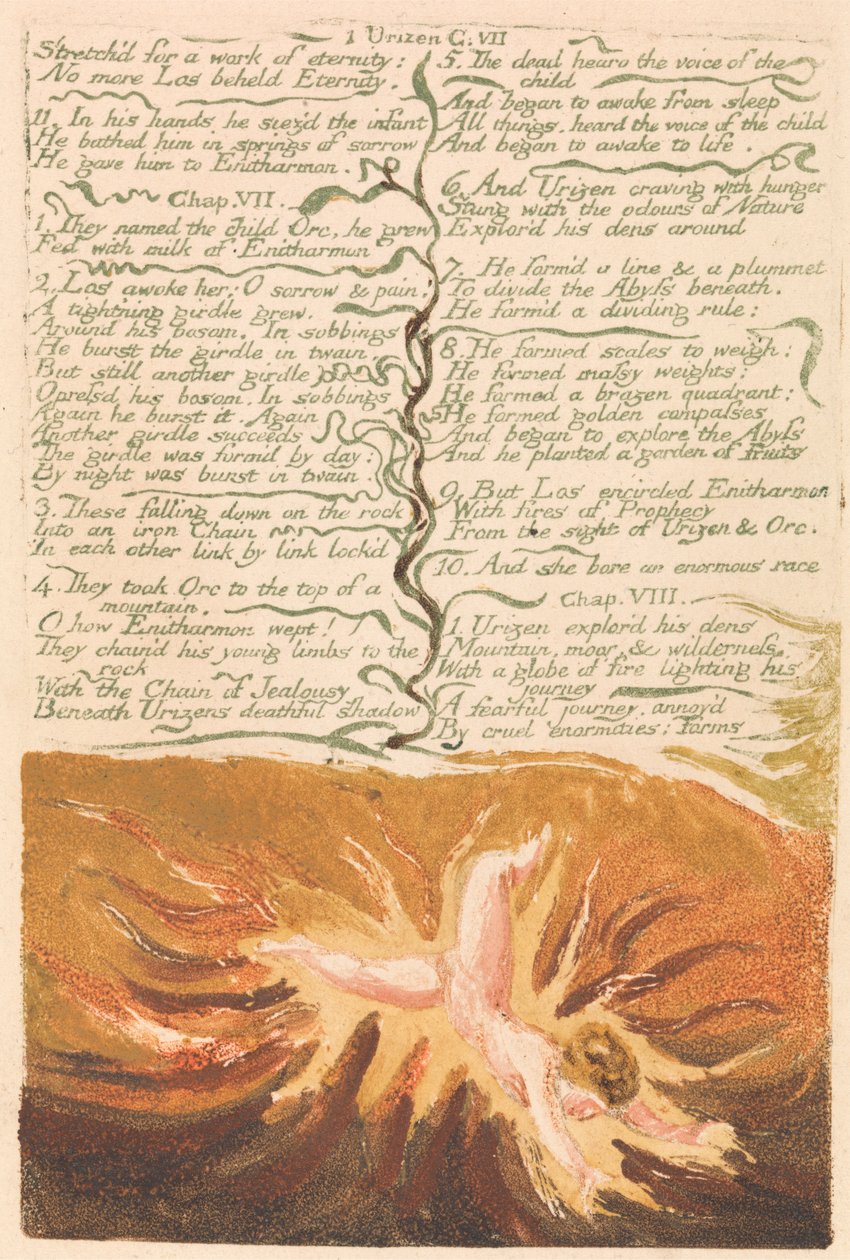 Urizen első könyve, 19. tábla, „Az örökkévalóság művére nyújtva…” (Bentley 20) alkotó: William Blake