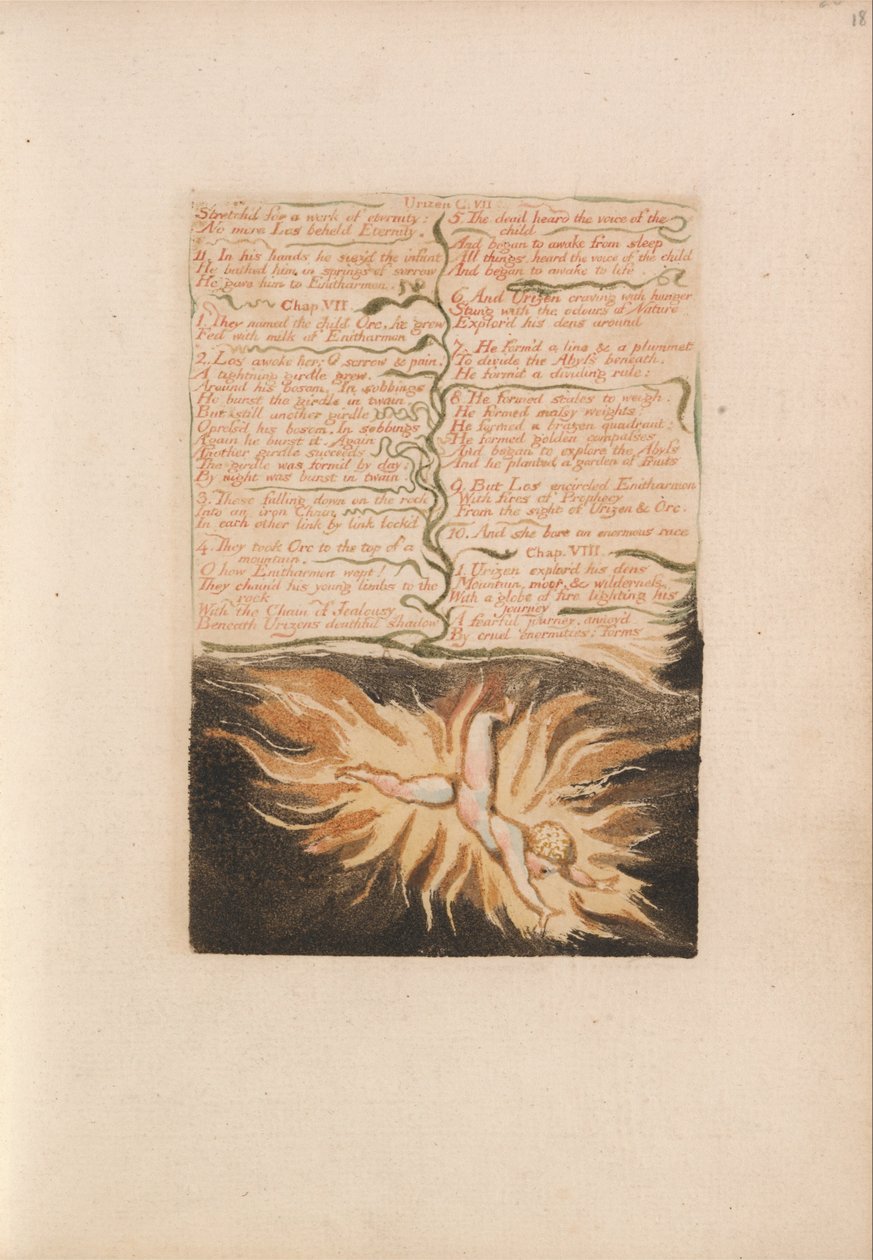 Urizen első könyve, 22. tábla, Az örökkévalóság művére nyújtva... (Bentley 20) alkotó: William Blake