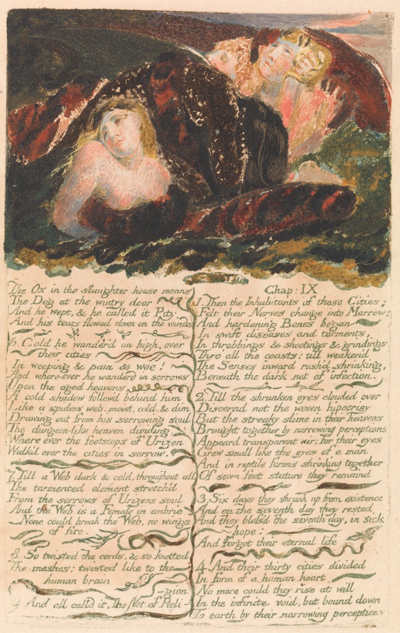 Urizen első könyve, 23. tábla: "Az ökör a vágóhídon nyög..." (Bentley 25) alkotó: William Blake
