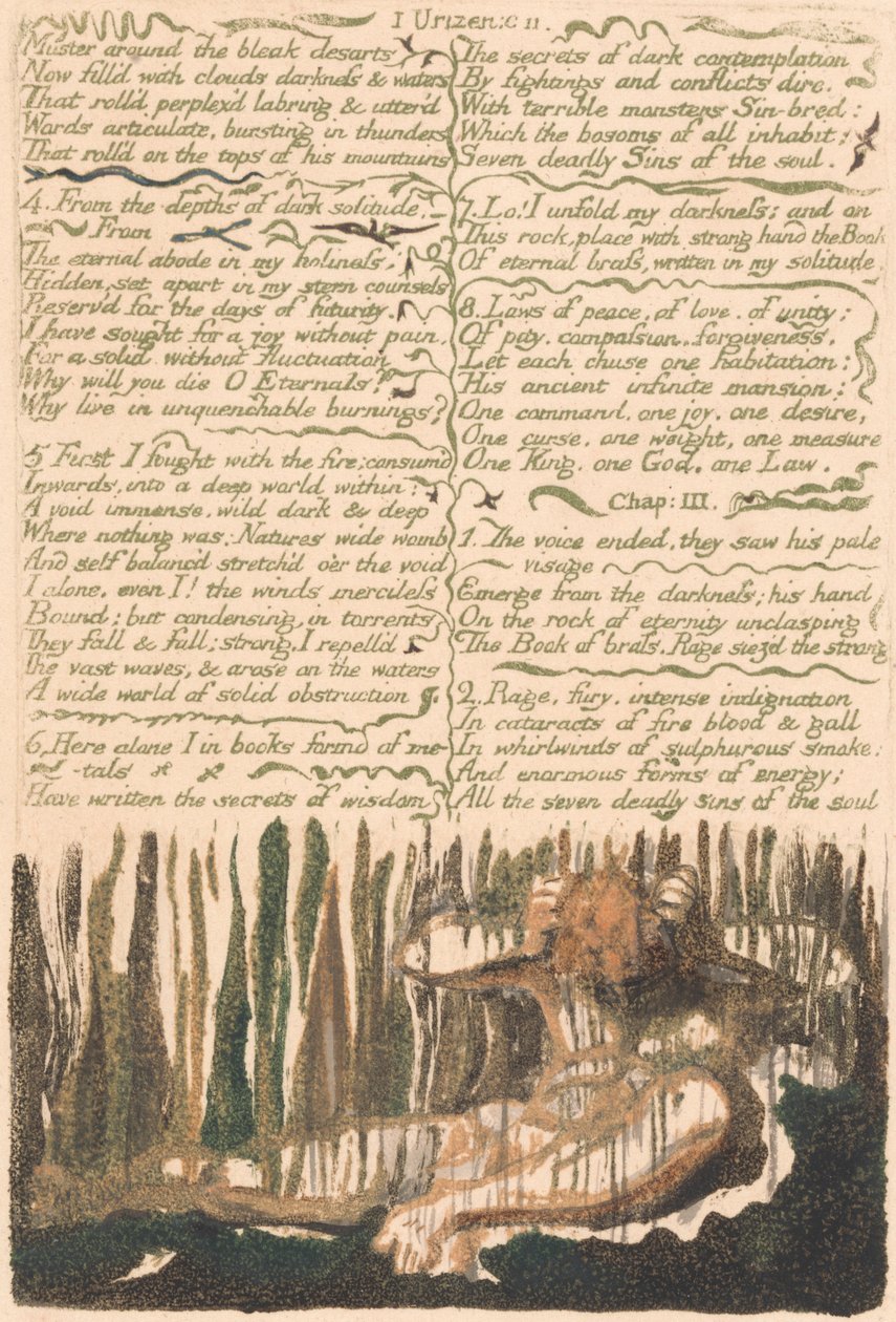 Urizen első könyve, 4. tábla, "Gyűljetek össze a sivár desartok körül..." (Bentley 4) alkotó: William Blake