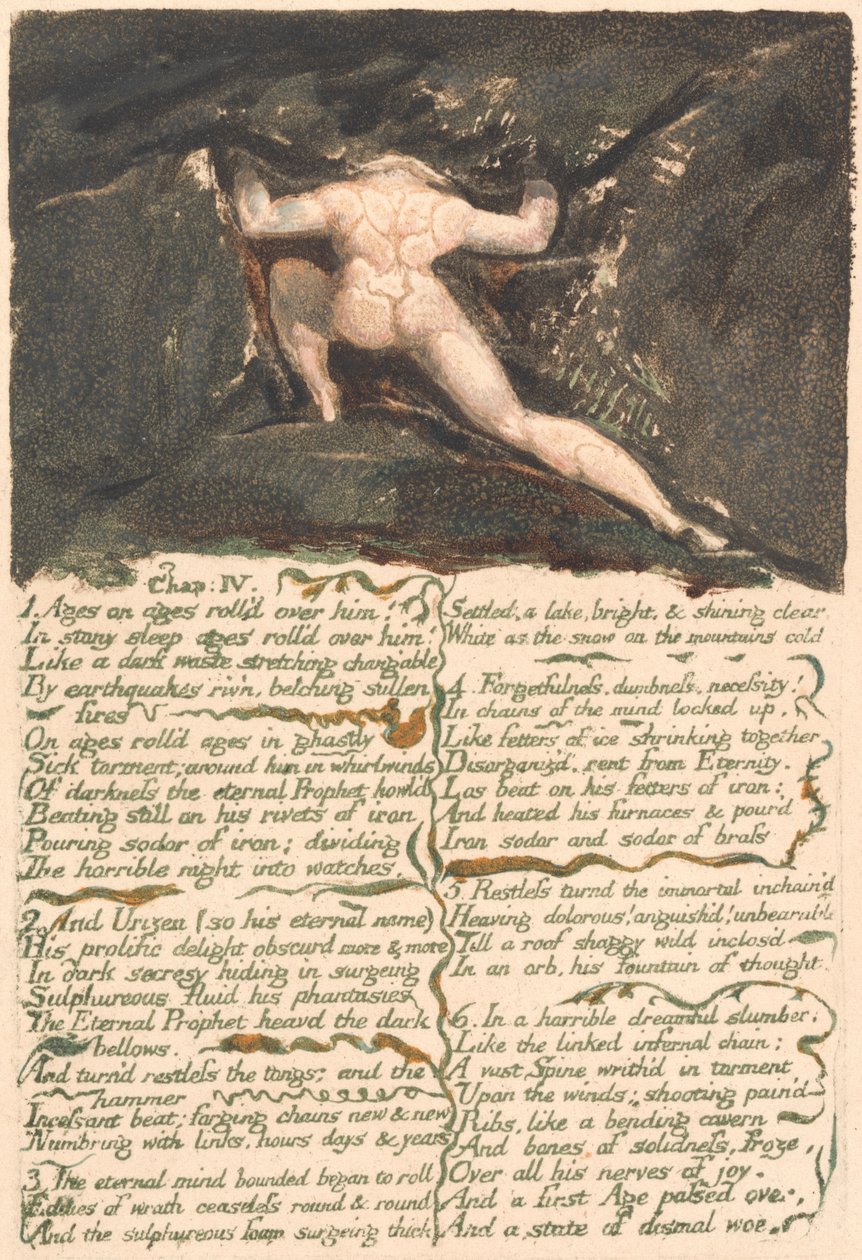 Urizen első könyve, 9. tábla, "IV. fejezet | 1 Korok vonultak el rajta..." (Bentley 10) alkotó: William Blake