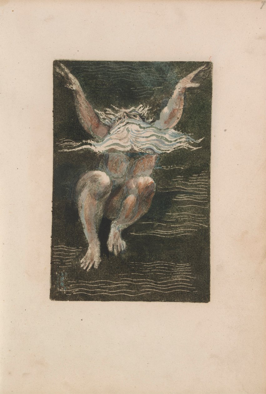 The First Book of Urizen, pl.7 (Egy meztelen férfi úszó fehér szakállal, aki mintha a mély vízben emelkedne) 1794 (színes domborművésés wc-vel) alkotó: William Blake