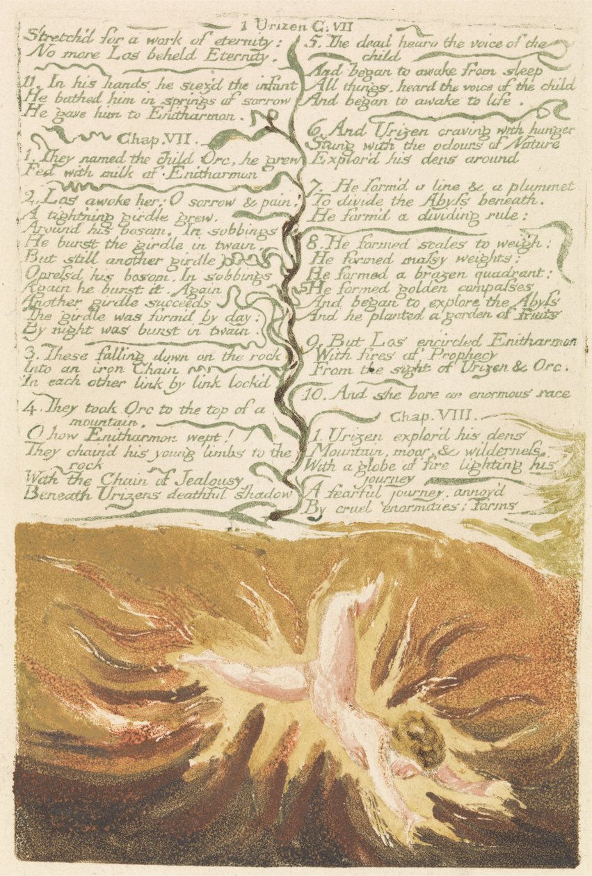 Urizen első könyve, 19. tábla, „Kinyújtva az örökkévalóság művére…” alkotó: William Blake