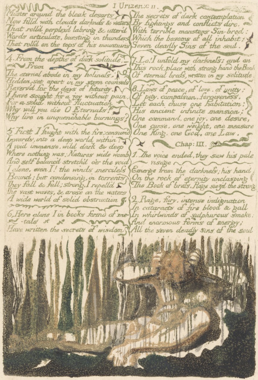 Urizen első könyve, 4. tábla, „Gyűljetek össze a sivár desartok körül...” alkotó: William Blake