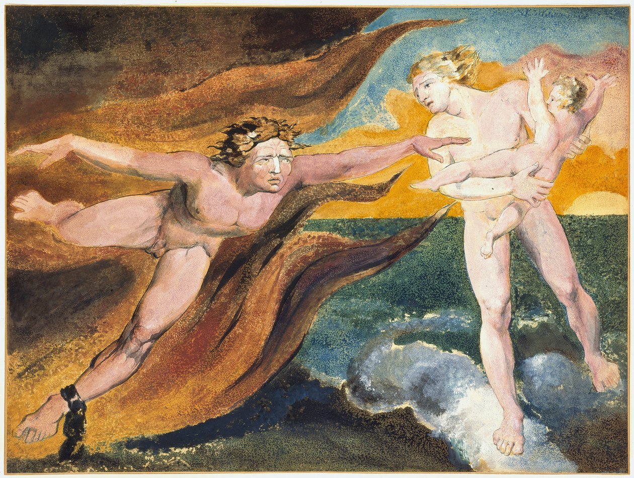 A jó és gonosz angyalok, akik egy gyermek birtoklásáért küzdenek, William Blake (1757-1827) alkotó: William Blake