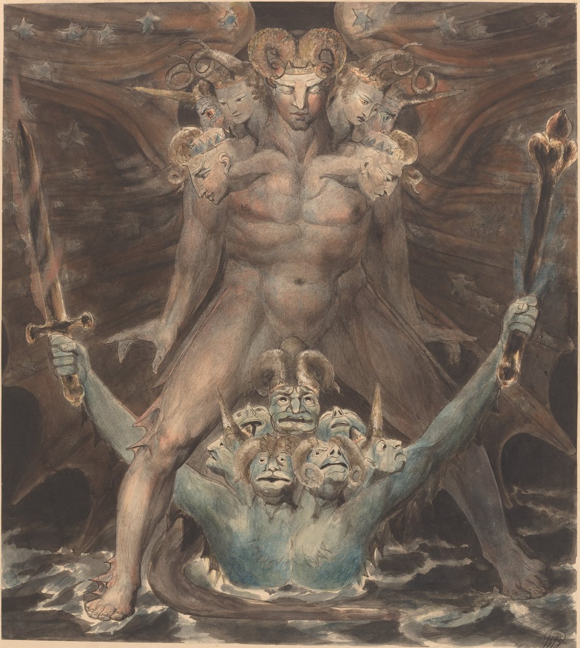 A nagy vörös sárkány és a fenevad a tengerből alkotó: William Blake