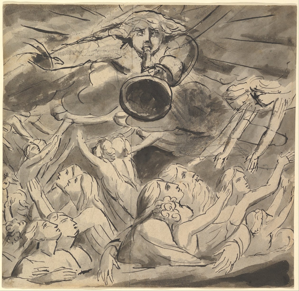 Az utolsó harsona (előlap); egy jobb szem két tanulmánya, egy nyitott szájú fiatal férfi profilja, egy sas feje és egy oroszlán feje (hátlap) alkotó: William Blake