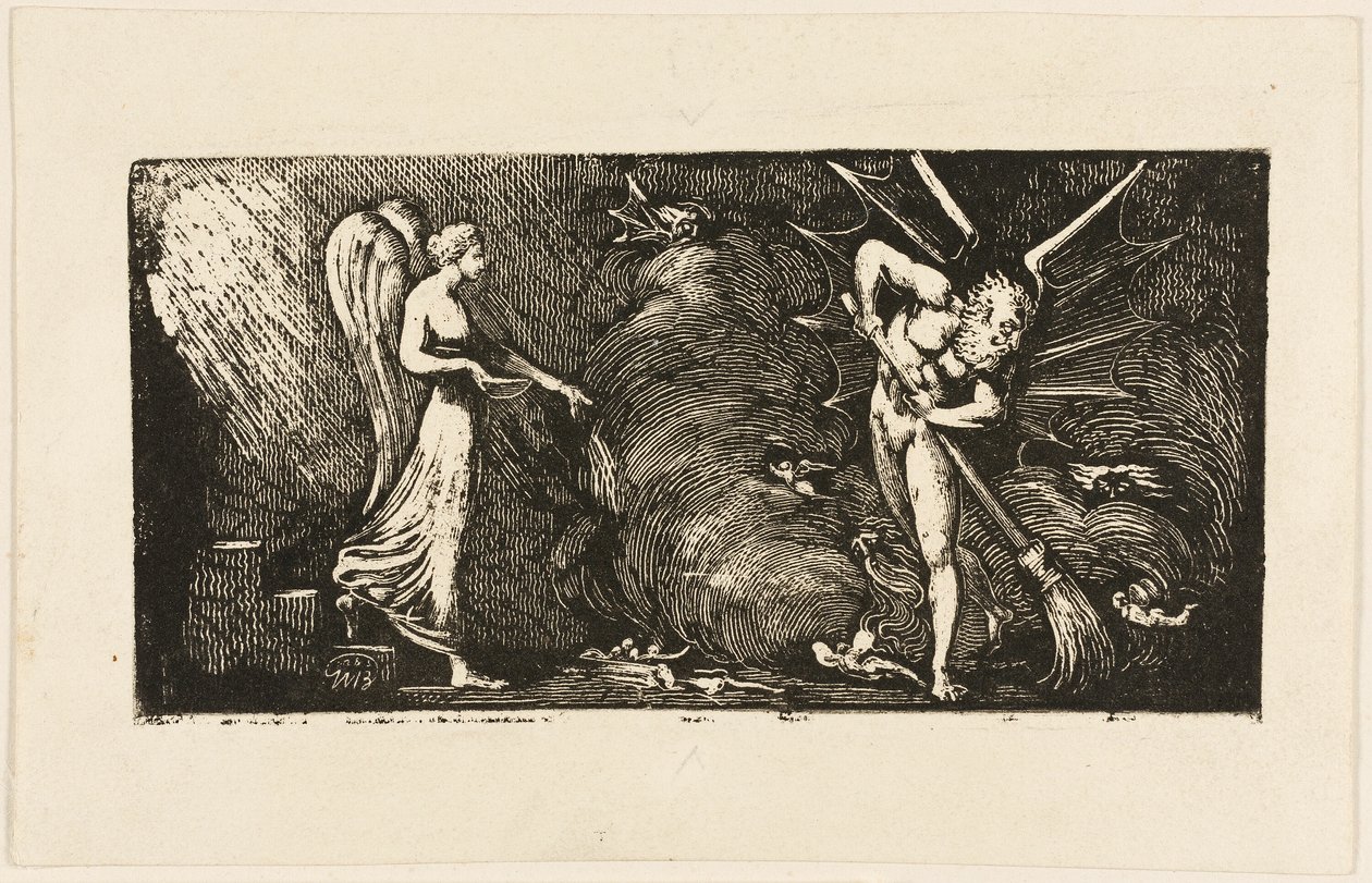 "A férfi, aki a tolmács szalonját söpri", Bunyan Zarándok útja című művéből. alkotó: William Blake