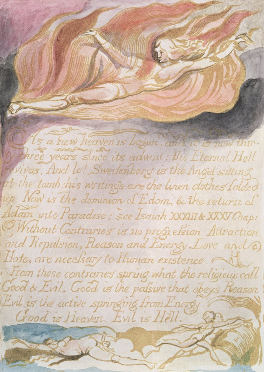 A menny és a pokol házassága; Ahogy egy új mennyország kezdődik, 1790 körül (domborműves, wc-vel színezett) alkotó: William Blake