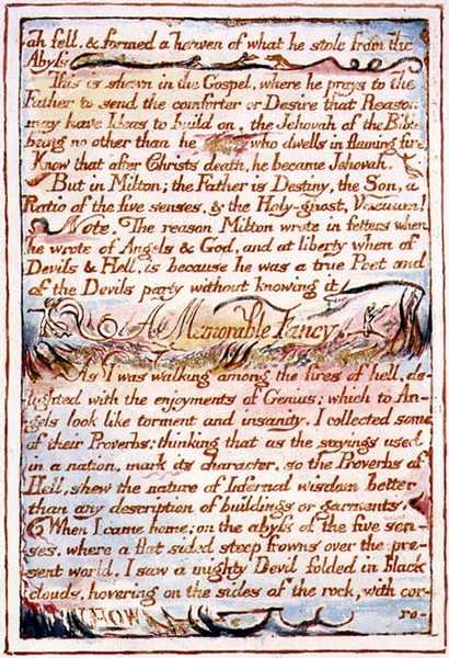 "A Messiás elesett, és mennyországot alkotott abból, amit ellopott...", szöveg a "A menny és a pokol házassága" c. 1790-3-ból (domborműves tollal és akvarellel befejezve) alkotó: William Blake