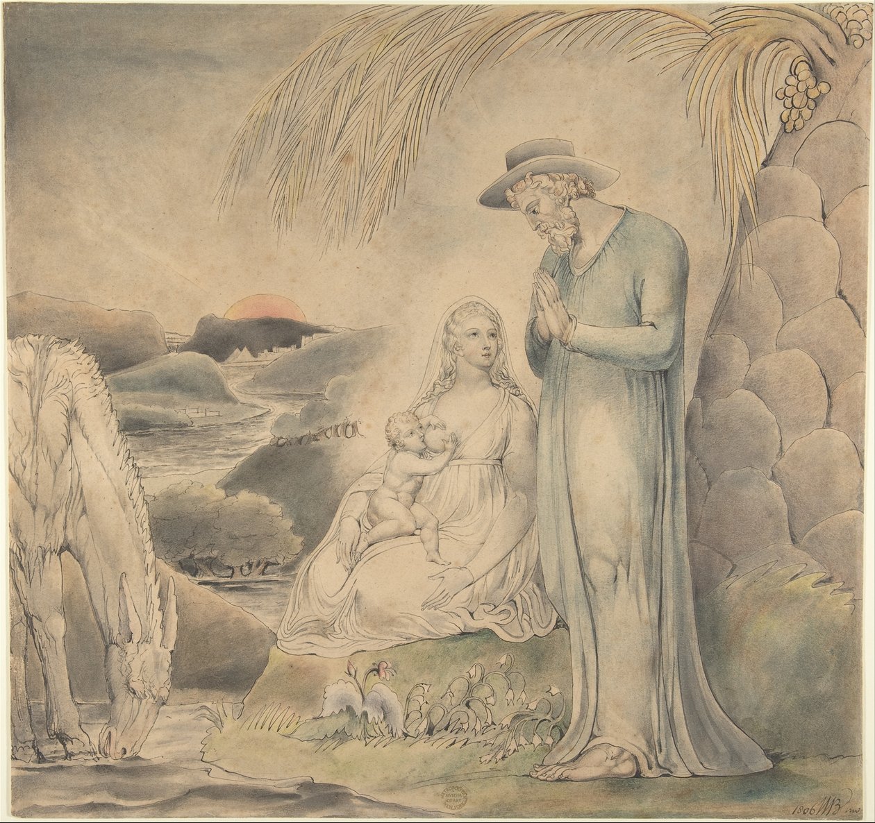 Pihenés az Egyiptomba menekülés közben (A Szent Család pihenése Egyiptomban) alkotó: William Blake