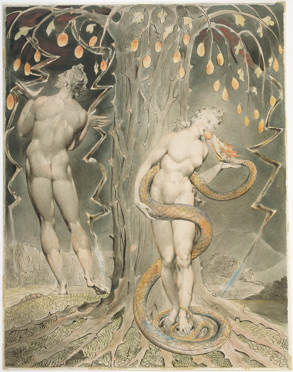 Éva kísértése és bukása (illusztráció Milton „Elveszett paradicsom” című művéhez) alkotó: William Blake