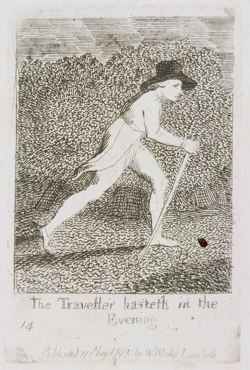 Az utazó siet az esti órákban, 15. lemez a „Gyermekeknek” c. A Paradicsom kapui”, 1793 alkotó: William Blake