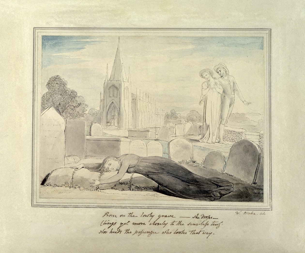 A férje sírját ölelő özvegy (toll és ecset, fekete tinta és wc papíron) alkotó: William Blake