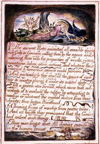 "Az ókori költők...", illusztráció és szöveg a Menny és Pokol házasságából, 1790–1793 körül (domborműves tollal és akvarellel befejezve) alkotó: William Blake