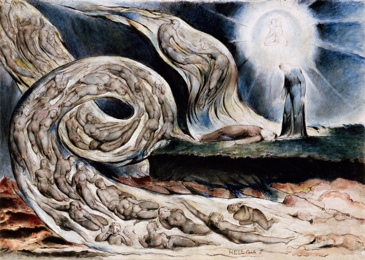 A bujak köre avagy A szerelmesek forgószele, Francesca da Rimini és Paolo Malatesta, Dante Infernojából, V. énekből alkotó: William Blake